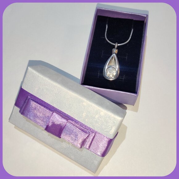 Stainless & Crystal Teardrop Cremation Urn Pendant for Ashes w/Chain - Memorial - Picture 10 of 11